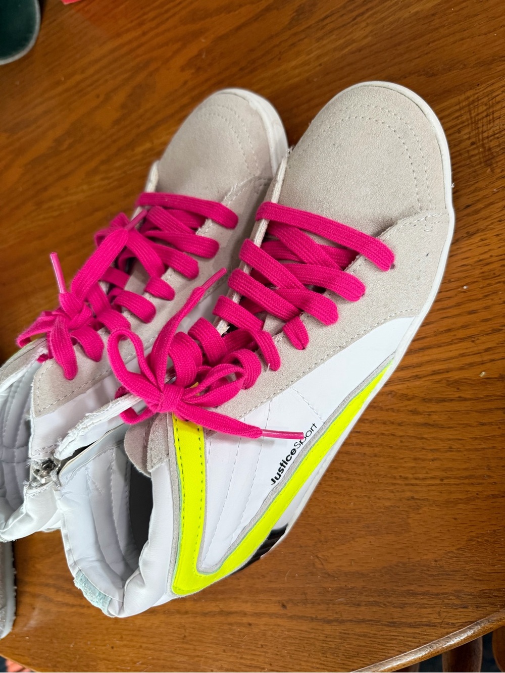 Justice Sport Girls White Sneakers with Neon Yellow Accent and Hot Pink Laces - Picture 2 of 5